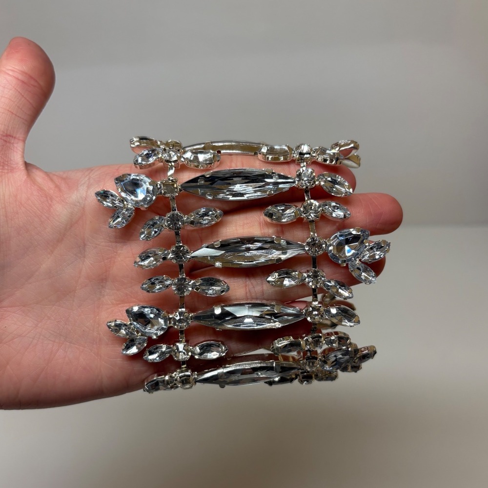 Silver Tone Multi Row Marquise Crystal Statement Cuff Bracelet Adjustable